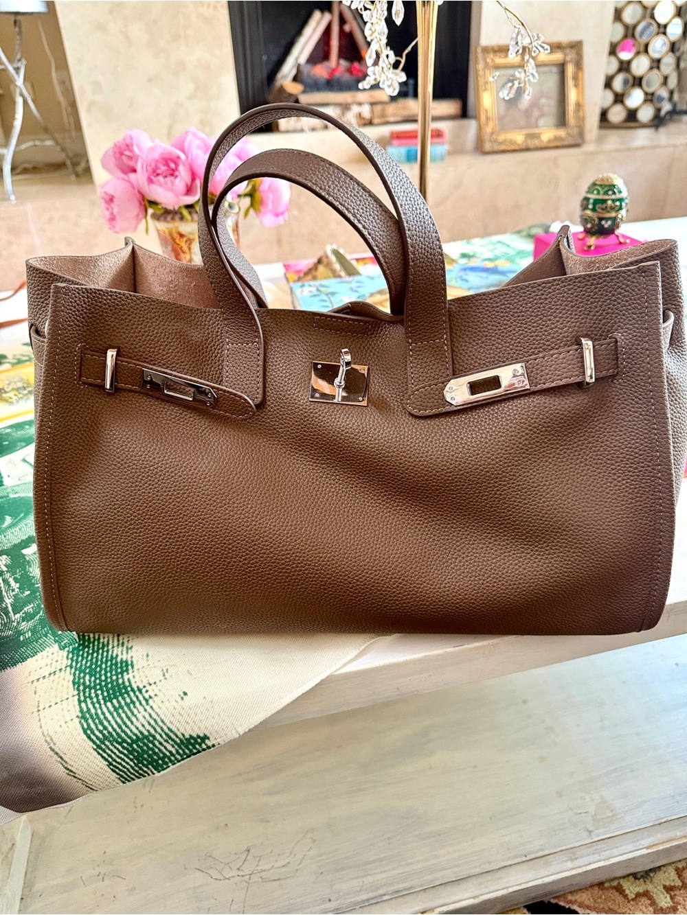 Genuine Leather Taupe Top-Handle Tote - Picture 6 of 8